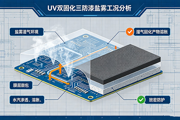 UV 双固化三防漆盐雾工况下湿气固化产物溶胀与 UV 表层膜层鼓包分析